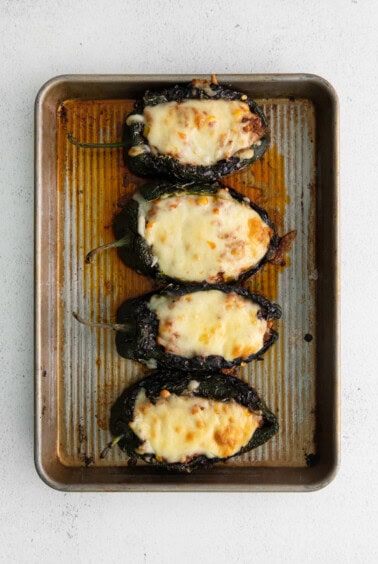 stuffed poblano peppers on baking sheet.