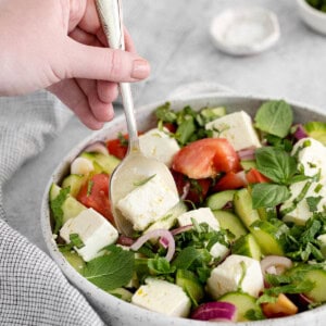 Cucumber Tomato Feta Salad in a large salad bowl.