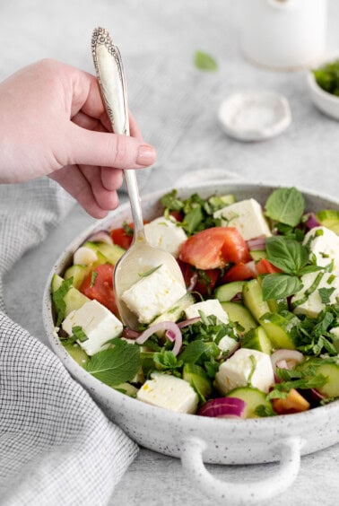 Cucumber Tomato Feta Salad in a large salad bowl.