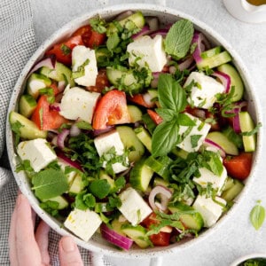 Cucumber Tomato Feta Salad in a bowl.