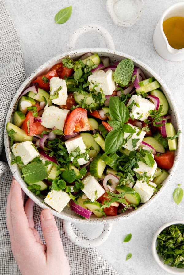 Cucumber Tomato Feta Salad in a bowl.