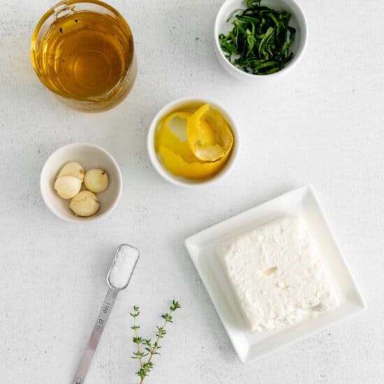 Marinated Feta Ingredients in small dishes.
