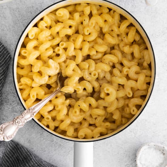 macaroni and cheese in a skillet.
