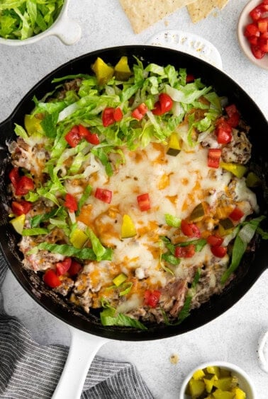 Cheeseburger dip with all the cheeseburger toppings.