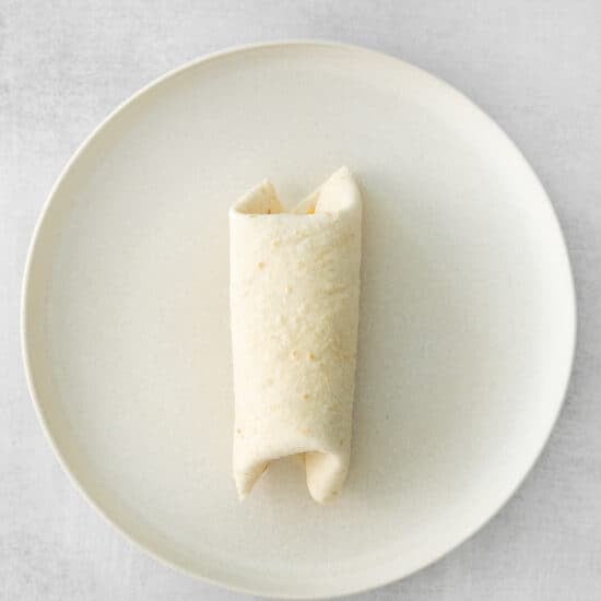 rolled burrito on plate.