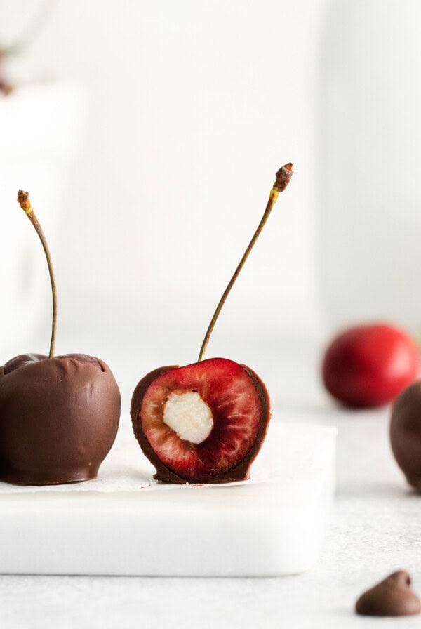 Chocolate covered cherries with marscapone in the middle.