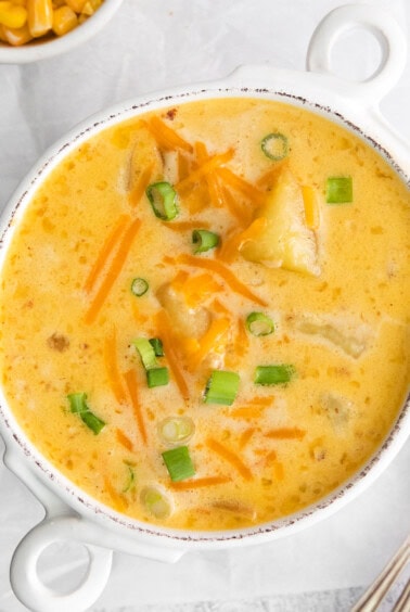 Corn chowder in a bowl.