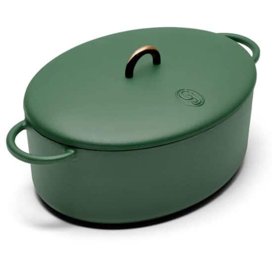 A green oval casserole with handles, perfect for Tuscan chicken mac and cheese.