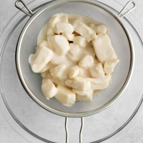 white fish in a strainer on a white background.