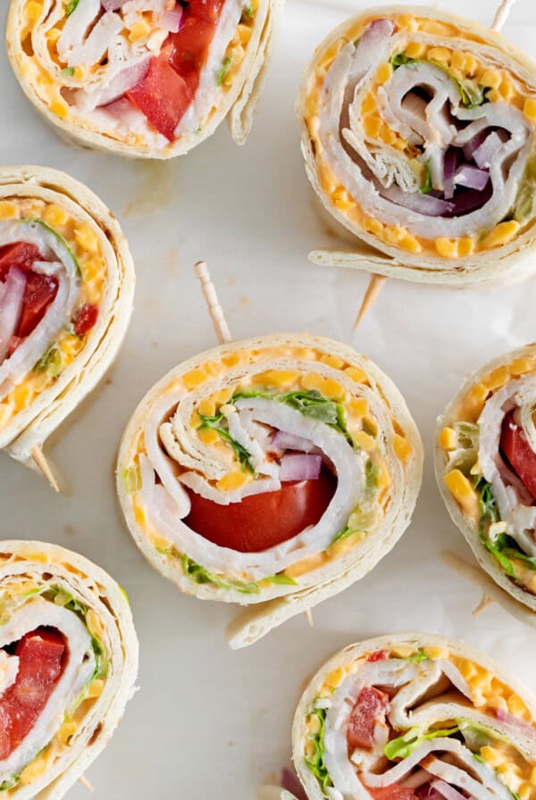 Pimento cheese pinwheels with turkey and fresh veggies.