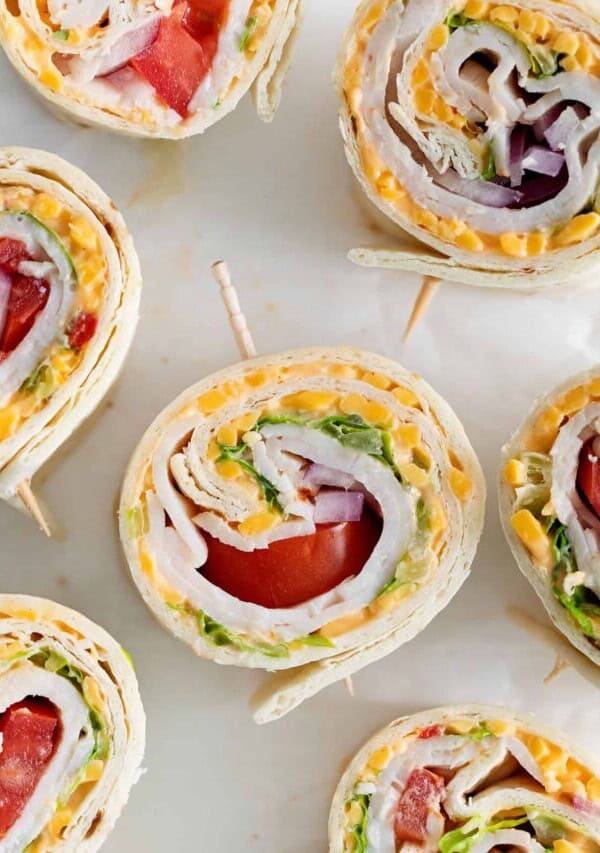 Pimento cheese pinwheels with turkey and fresh veggies.