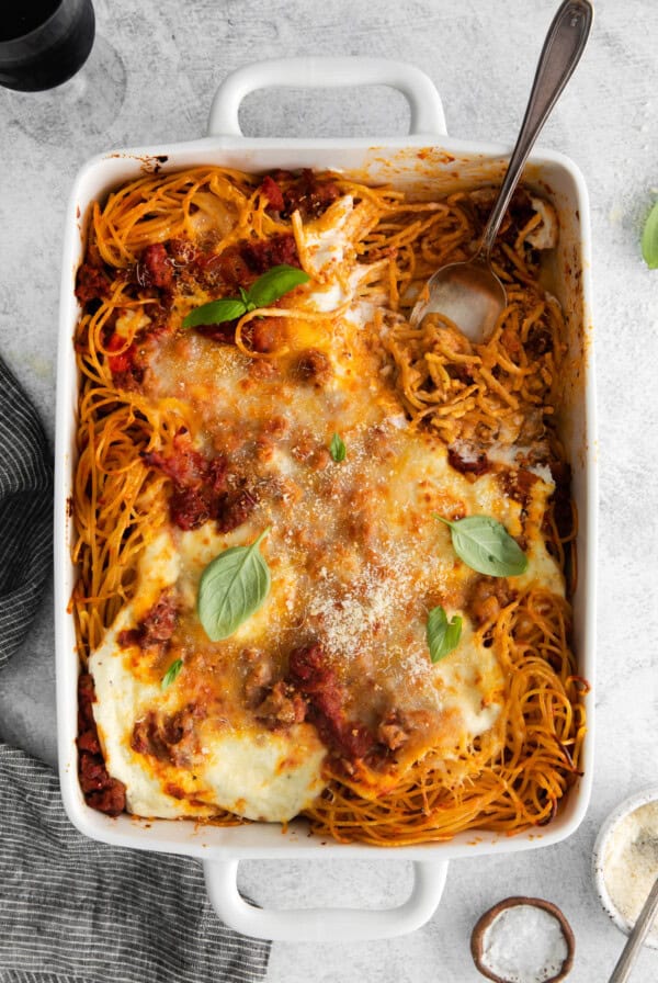 baked spaghetti in casserole dish.