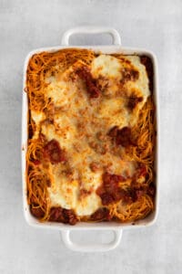 baked spaghetti in dish.