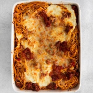 baked spaghetti in dish.