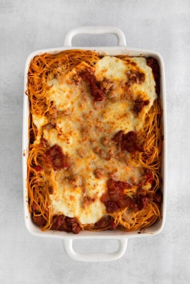 baked spaghetti in dish.