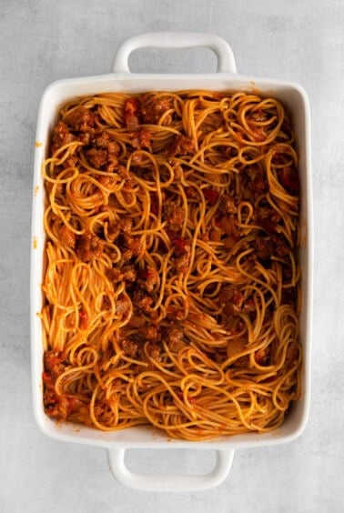 spaghetti in casserole dish.
