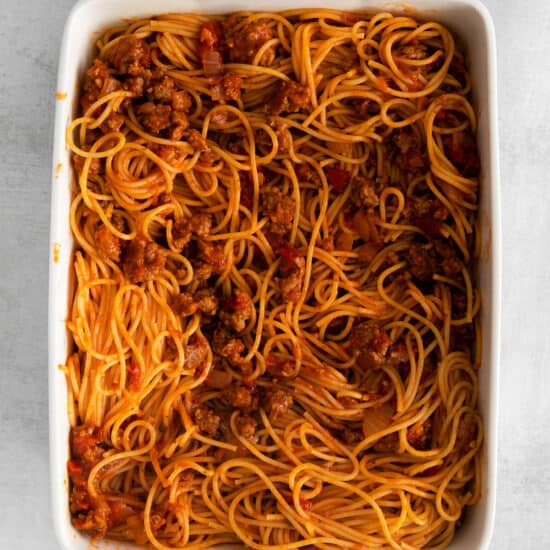 spaghetti in casserole dish.