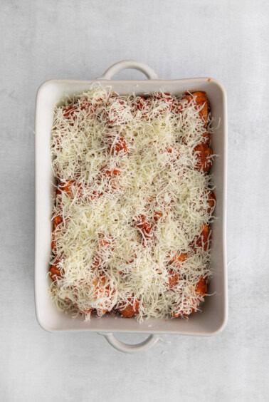 a casserole dish topped with cheese and tomatoes.