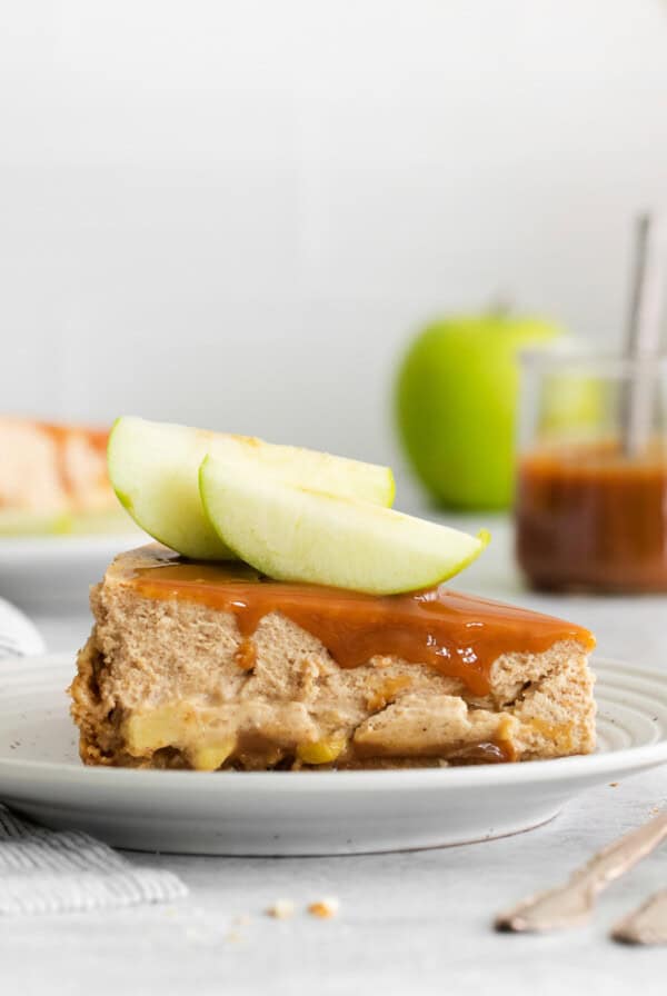 A slice of caramel apple cheesecake.