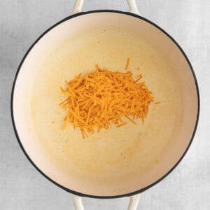 a pan with cheese in it on a white background.