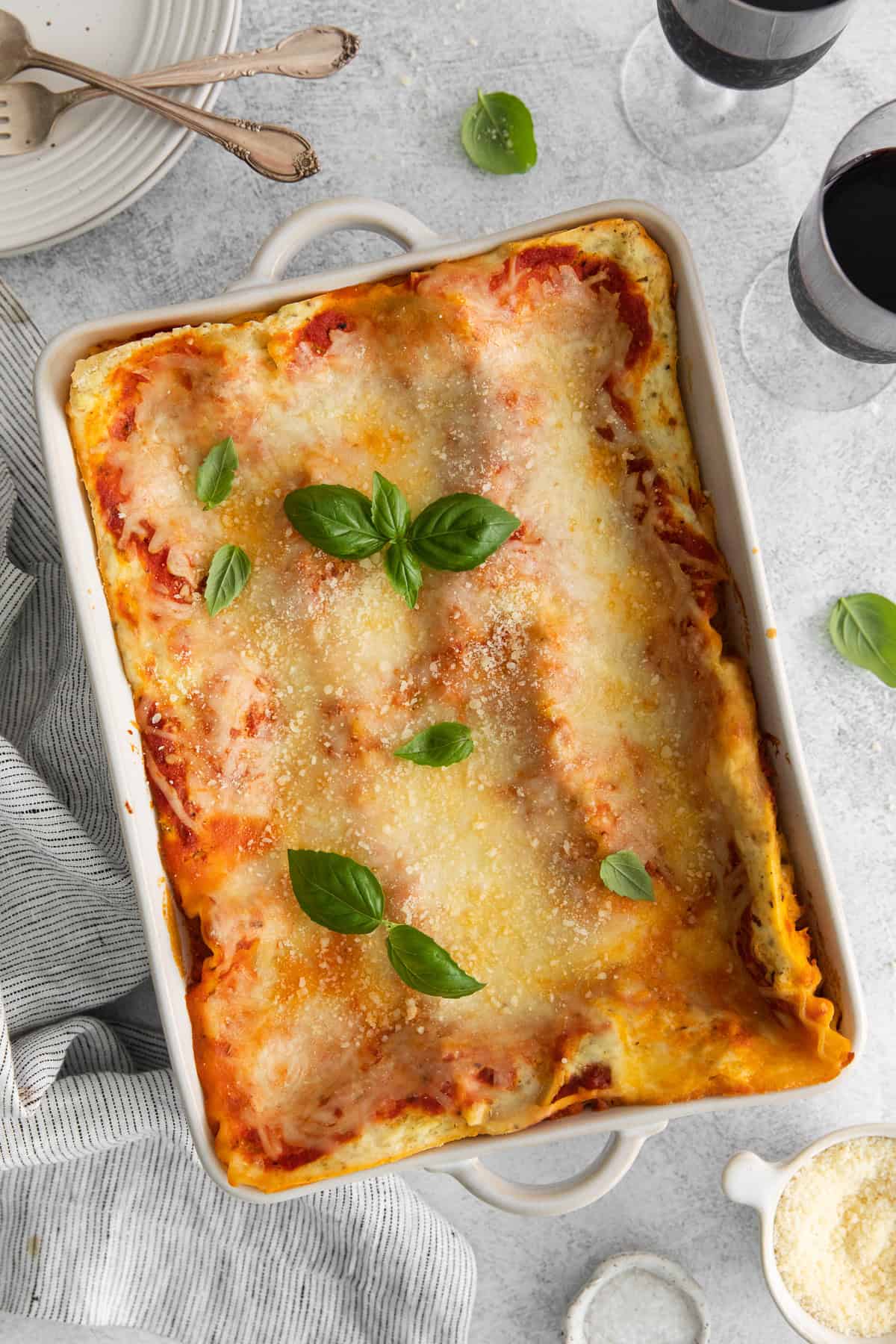 cheese lasagna in pan.