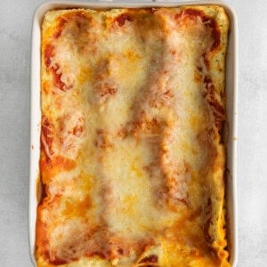 cooked lasagna in pan.