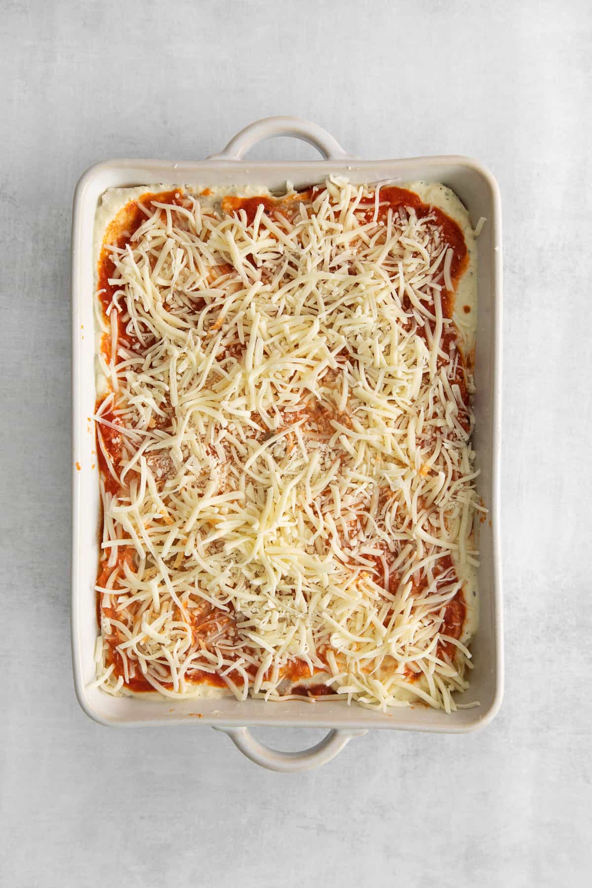 uncooked pan of lasagna.