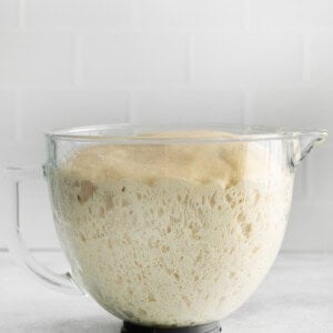 The dough doubled in size in a bowl.