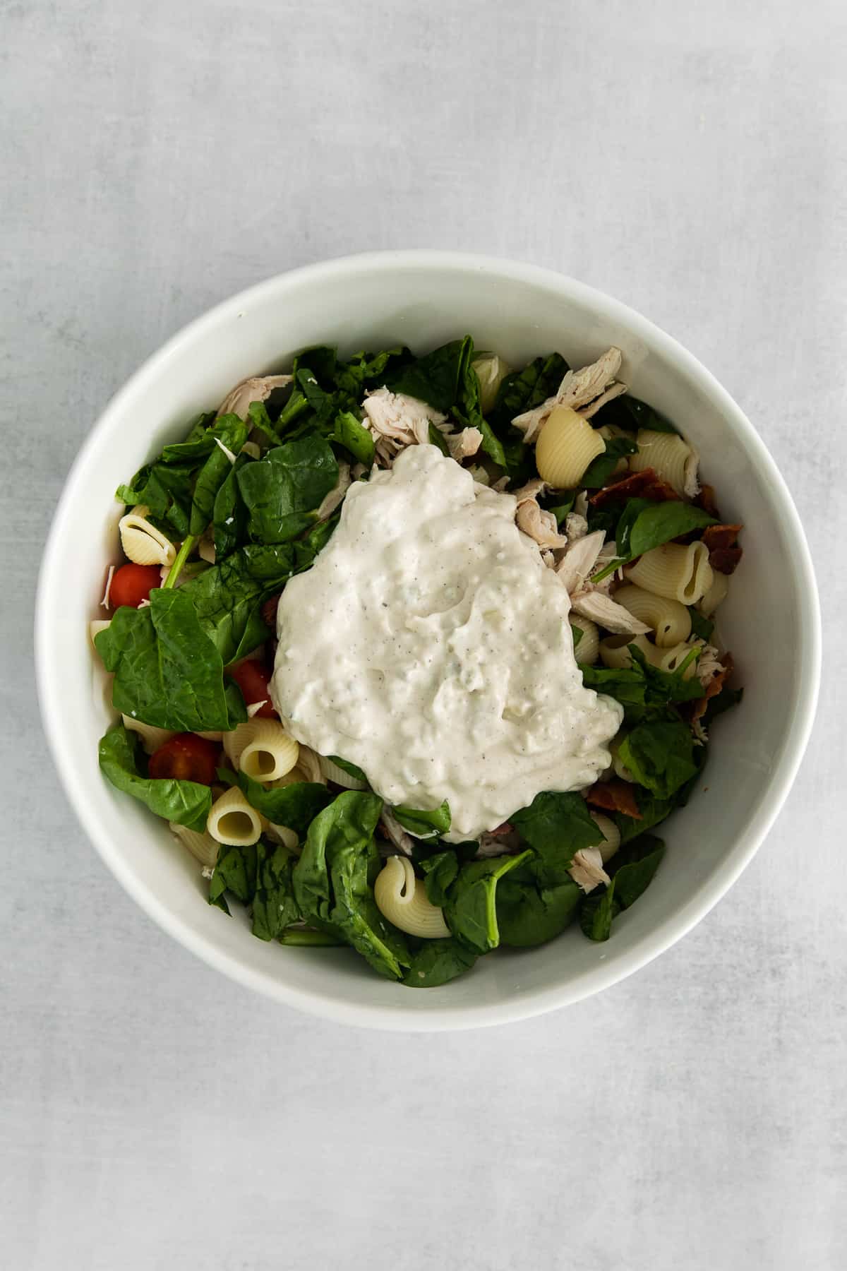 Gorgonzola dressing in a bowl with chicken pasta salad.