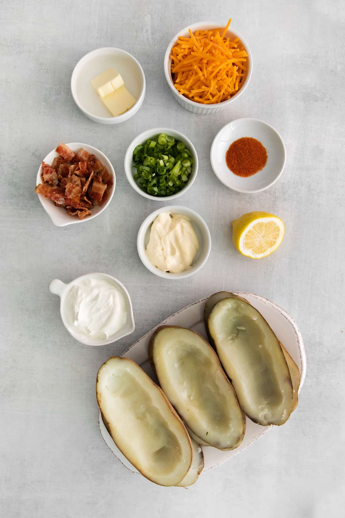 All of the ingredients for potato skins. 