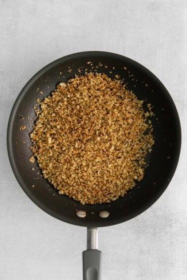 breadcrumbs in pan.