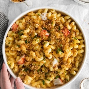 lobster mac and cheese in bowl.