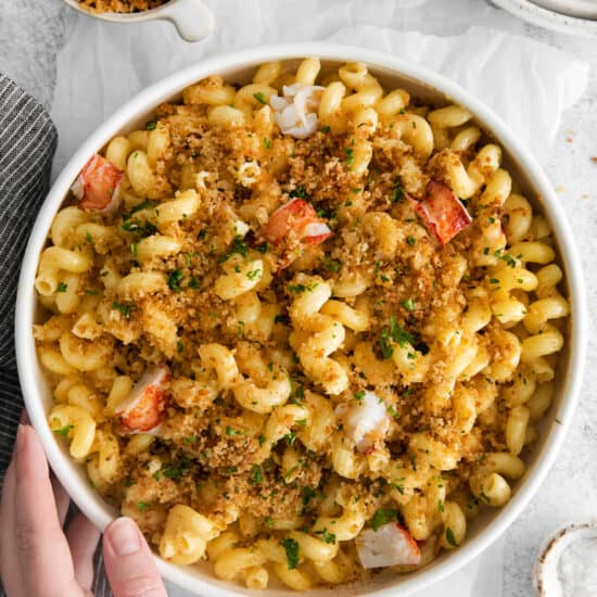 lobster mac and cheese in bowl.