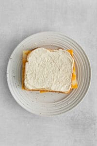 a sandwich with cheese on a white plate.