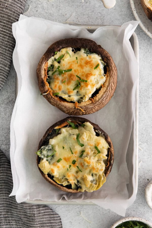 Stuffed mushrooms on a tray.