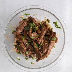 beef and onions in bowl.