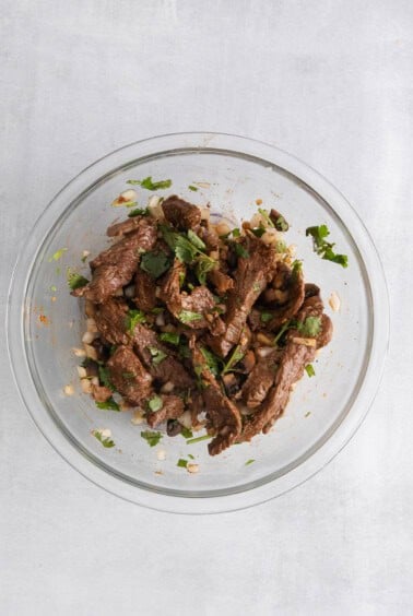 beef and onions in bowl.
