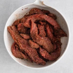 steak in bowl.