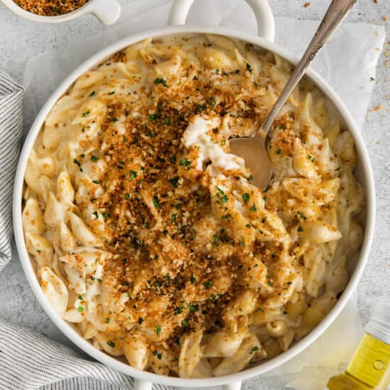 Truffle mac and cheese with a bread crumb topping.