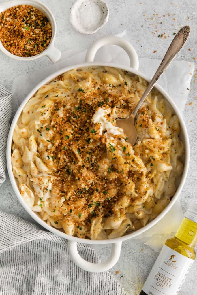 Truffle mac and cheese with a bread crumb topping.
