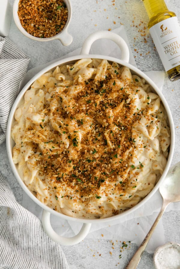 Truffle mac and cheese in a casserole dish.