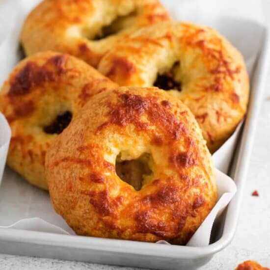 asiago bagels on platter.