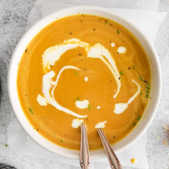 pumpkin soup in bowl.