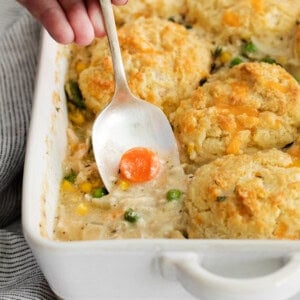 chicken pot pie in casserole dish.