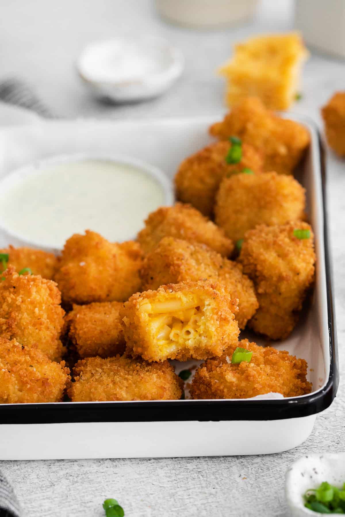 mac and cheese bites in dish.