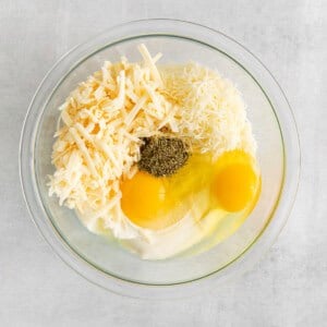 cheese and eggs in bowl.