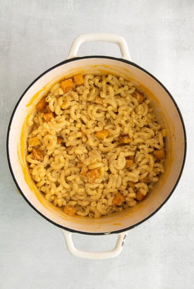 pumpkin mac and cheese in dutch oven.
