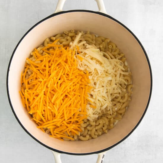 cheese on top of noodles.