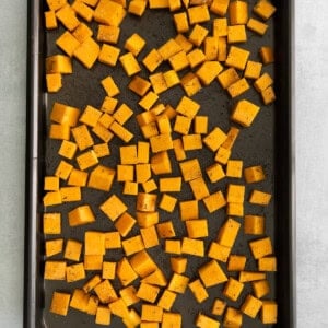 pumpkin on baking sheet.