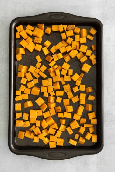 pumpkin on baking sheet.